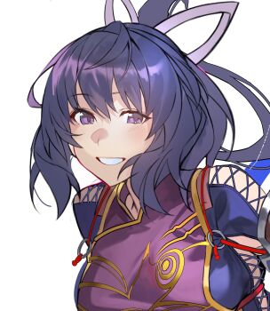 1girl absurdres ao_no_kiseki breasts china_dress chinese_clothes dress eiyuu_densetsu hair_rings highres hiro_(hirohiro_gorira) large_breasts looking_at_viewer open_mouth portrait purple_eyes purple_hair rixia_mao short_hair simple_background smile solo white_background zero_no_kiseki