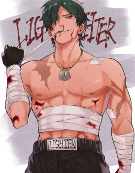 1boy abs bandaged_arm bandages blood blood_on_arm clenched_teeth cowboy_shot green_hair hair_between_eyes hair_over_one_eye hanako_(hanahanako03) highres jewelry lighter_(zenless_zone_zero) male_focus muscular muscular_male necklace nosebleed short_hair sidelocks smile solo teeth yellow_eyes zenless_zone_zero