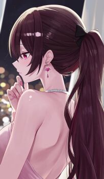 1girl absurdres back backless_outfit bare_back bare_shoulders blurry blurry_background bokeh bow breasts closed_mouth depth_of_field earrings from_side hair_bow hand_up highres jewelry jururu median_furrow medium_breasts nail_polish necklace pink_nails ponytail profile purple_eyes purple_hair sei_(0724sei6) shoulder_blades sidelocks solo upper_body virtual_youtuber waktaverse