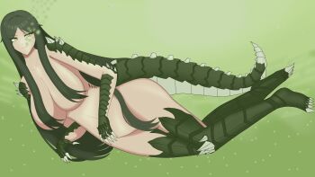 1girl absurdres black_hair breasts claws convenient_censoring green_background hair_censor hair_over_breasts highres huge_breasts large_breasts long_hair looking_at_viewer monster_girl nude pool reptile_girl reptilia_queen scales scp-682 scp_foundation smile solo tail tongue very_long_hair yellow_eyes