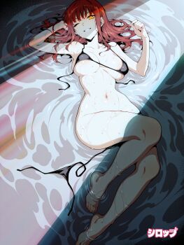 1girl absurdres alternate_hairstyle arm_up armpits barefoot bikini black_bikini bottomless breasts chainsaw_man cleavage clenched_hand feet highres large_breasts legs long_hair looking_at_viewer lying makima_(chainsaw_man) navel one_eye_closed parted_lips red_hair ringed_eyes seductive_gaze seductive_smile smile solo stomach swimsuit syrup_shorts teasing thighs untied_bikini water wet wink yellow_eyes