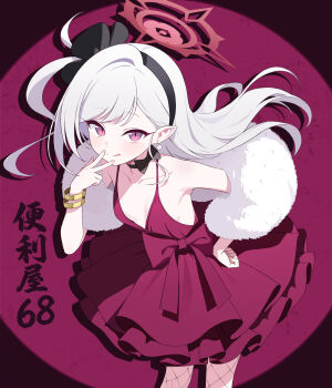 1girl :q blue_archive bracelet breasts cleavage dress fuwawa_(fuwawa617) halo highres jewelry long_hair looking_at_viewer mutsuki_(blue_archive) mutsuki_(dress)_(blue_archive) official_alternate_costume red_dress red_halo small_breasts solo standing thighs tongue tongue_out translation_request white_hair