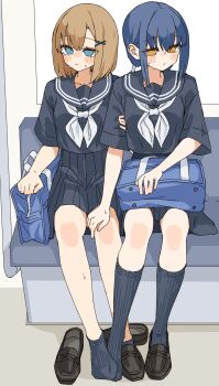 2girls @_@ absurdres bag black_sailor_collar black_serafuku black_shirt black_shoes black_skirt blue_eyes blue_hair blue_socks blush_stickers brown_eyes brown_hair closed_mouth commentary_request grey_neckerchief hair_between_eyes hair_ornament hairclip hand_on_another's_thigh highres kopaka_(karda_nui) loafers long_hair looking_to_the_side low_ponytail multiple_girls neckerchief original pleated_skirt ponytail ribbed_socks sailor_collar school_bag school_uniform serafuku shirt shoes sitting skirt socks sweat train_interior unworn_shoes yuri