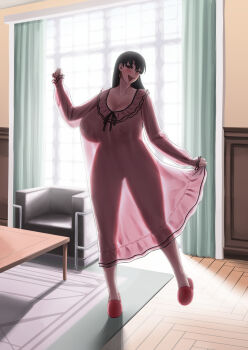1girl akai_melon babydoll black_hair blush breasts covered_erect_nipples earrings highres huge_breasts jewelry lingerie long_hair looking_at_viewer navel negligee open_mouth pink_negligee red_eyes see-through_babydoll see-through_clothes sexually_suggestive smile solo spy_x_family squatting underwear underwear_only yor_briar