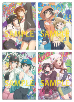 6+girls :d animal_hat aqua_jacket badge baseball_cap beamed_sixteenth_notes beanie black_hair black_hat black_jacket black_skirt black_thighhighs blue_eyes blue_hat blue_shorts brown_eyes brown_hair button_badge casual cat_hat clothes_writing copyright_name crop_top cropped_shirt cutoffs eighth_note fanny_pack glasses grey_skirt grin hair_ornament hand_on_own_chest hand_on_own_chin hand_on_own_hip hands_in_pockets hat hibike!_euphonium highres hisaishi_kanade hood hood_up hoodie jacket jewelry kamaya_tsubame katou_hazuki kawashima_sapphire kenzaki_ririka kousaka_reina kuroe_mayu midriff multiple_girls musical_note off-shoulder_sweater off_shoulder official_alternate_costume official_alternate_hairstyle official_art open_clothes open_hoodie open_jacket open_mouth orange_hoodie oumae_kumiko own_hands_together paint_splatter pants pencil_skirt pink_pants plaid_clothes plaid_skirt pleated_skirt pom_pom_(clothes) purple_eyes red_eyes ring sample_watermark shirt shorts sitting skirt smile standing sweater tank_top thighhighs twintails watermark white_hoodie white_shirt yellow_eyes yellow_sweater