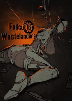 1girl ass assaultron breasts cable copyright_name covered_erect_nipples fallout fallout_76 foot_out_of_frame hanging_breasts highres humanoid_robot juerucj large_breasts leaning_forward mechabare missing_limb robot robot_ears sitting solo spread_legs