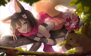 1girl :d animal_ears blue_archive blush brown_hair clothes_around_waist commentary commentary_request fang fishnet_thighhighs fishnets fox_ears fox_girl fox_hair_ornament fox_tail gloves hair_between_eyes hair_ornament halo highres in_tree izuna_(blue_archive) japanese_clothes leaf looking_at_viewer lying open_mouth outdoors pink_halo sakurano_rocco scarf skirt smile solo squirrel tail thighhighs tree yellow_eyes