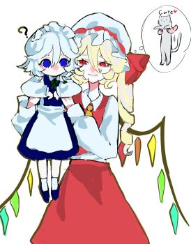 2girls :o ? aged_down apron blonde_hair blue_dress blue_eyes cat closed_mouth commentary_request crystal_wings dress expressionless flandre_scarlet hair_between_eyes hat highres izayoi_sakuya lifting_person long_hair long_sleeves looking_at_another maid maid_apron maid_headdress mashi_(pixiv_zcjd2538) medium_hair mob_cap multiple_girls red_eyes red_skirt red_vest shirt side_ponytail skirt smile speech_bubble thought_bubble touhou vampire vest white_hair white_shirt wings