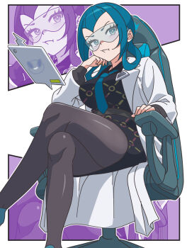 1girl blue_eyes blue_hair border breasts chair coat collage crossed_legs gen_4_pokemon glasses hair_rings highres kanbei_(pixiv11037490) lab_coat large_breasts long_hair long_sleeves looking_at_viewer mable_(pokemon) necktie nintendo open_clothes open_coat open_mouth outside_border pantyhose pokemon pokemon_legends:_z-a purple_background rotom rotom_phone smile solo split_mouth white_border white_coat