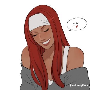 Rule 34 | 1girl, breasts, brown lips, cleavage, closed eyes, commentary, dark-skinned female, dark skin, english commentary, english text, headband, kankuroplease, karui (naruto), medium breasts, naruto: the last, naruto (series), off-shoulder shirt, off shoulder, shirt, smile, solo, tank top, upper body, white headband, white tank top