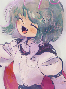 1girl ^_^ antennae black_cloak blush cloak closed_eyes commentary fang green_hair highres k_no_hito shirt short_hair simple_background smile solo touhou two-sided_cloak two-sided_fabric upper_body white_shirt wriggle_nightbug