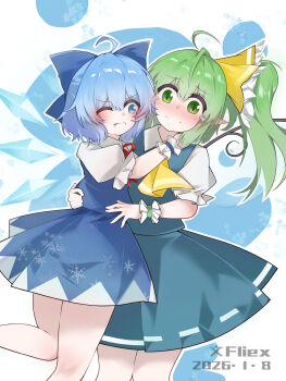Rule 34 | 2girls, ahoge, artist name, ascot, background request, blue background, blue bow, blue eyes, blue hair, blue skirt, blue vest, blue wrist cuffs, blush, bow, cirno, closed mouth, commentary request, cowboy shot, crystal wings, daiyousei, dated, double-parted bangs, fairy, fang, fliex, floating hair, frilled bow, frilled wrist cuffs, frills, green eyes, green hair, green skirt, green vest, green wrist cuffs, hair between eyes, hair bow, highres, hug from side, leg up, long hair, looking at viewer, multiple girls, neck ribbon, nervous smile, nose blush, one eye closed, open mouth, outline, pointy ears, puffy short sleeves, puffy sleeves, raised inner eyebrows, red ribbon, ribbon, shirt, short hair, short sleeves, side ponytail, skirt, smile, snowflake print, split mouth, tearing up, touhou, transparent wings, v-shaped eyebrows, vest, white background, white outline, white shirt, white trim, wings, wrist cuffs, yellow ascot, yellow bow