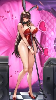 1girl animal_ears bare_shoulders between_breasts bow bowtie breasts brown_hair cleavage collar curvy high_heels highres large_breasts leotard microphone navel original playboy_bunny rabbit_ears ranhatu red_eyes red_footwear red_leotard seductive_smile skindentation sleeve_cuffs smile smirk solo speaker stage thick_thighs thighs