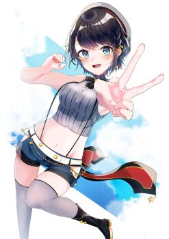 Rule 34 | 1girl, :d, absurdres, arms up, back bow, bare arms, belt, black boots, black bow, black bowtie, black panties, blue background, blue shorts, blue sky, boots, bow, bowtie, braid, breasts, brooch, clothing cutout, cropped shirt, cross hair ornament, emutakanoe, grey hat, grey shirt, grey thighhighs, hair ornament, hat, high collar, high heel boots, high heels, highres, hip vent, hololive, jewelry, large bow, large breasts, midriff, navel, oozora subaru, oozora subaru (suspenders), open mouth, panties, panty peek, pinstripe pattern, pinstripe shirt, sailor hat, shirt, shorts, side braid, sky, sleeveless, sleeveless shirt, smile, solo, star (symbol), star brooch, star hair ornament, suspender shorts, suspenders, swept bangs, thighhighs, underwear, v, virtual youtuber, white background, white belt