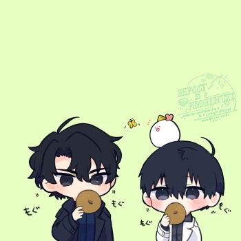 2boys ahoge animal animal_on_head bagel biyoo_(omniscient_reader&#039;s_viewpoint) black_coat black_hair black_shirt blush bug butterfly coat collared_shirt commentary double-parted_bangs eating hair_between_eyes highres insect kim_dokja kimidori_22 male_focus multiple_boys omniscient_reader&#039;s_viewpoint on_head open_clothes open_coat popped_collar shirt short_hair sound_effects symbol-only_commentary translation_request upper_body white_coat yoo_joonghyuk