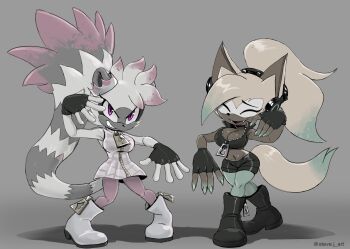 2girls absurdres blonde_hair boots breasts cleavage closed_eyes cosplay curvy fangs female_focus fingerless_gloves full_body furry furry_female gloves headphones highres large_breasts long_hair looking_at_viewer marina_(splatoon) midriff multiple_girls navel nintendo pearl_(splatoon) ponytail purple_eyes short_hair sonic_(series) sonic_the_hedgehog_(idw) splatoon_(series) splatoon_2 steve_j_art tail tangle_the_lemur whisper_the_wolf wide_hips zipper