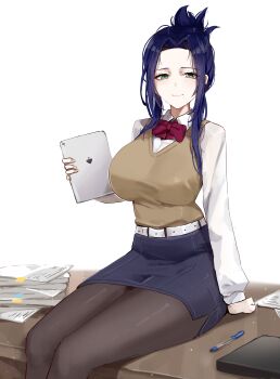 1girl absurdres against_wall belt binder black_pantyhose blue_hair blush bow bowtie breasts closed_mouth collared_shirt commentary_request desk green_eyes highres holding holding_tablet_pc large_breasts light_smile long_sleeves looking_at_viewer looking_down mizuhara_archuleta on_desk open_clothes pants pantyhose paper paper_stack parted_bangs pen pencil_skirt red_bow red_bowtie second-party_source shirt simple_background sitting skirt smile sstthei tablet_pc tatakau_ni_atai_suru vest white_background white_belt white_shirt yellow_vest