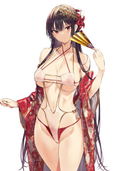 1girl absurdres bare_shoulders bikini black_hair breasts closed_mouth collarbone cowboy_shot floral_print flower folding_fan groin hair_flower hair_ornament haite_kudasai_takamine-san hand_fan hand_up highres hiiragi_yuuichi holding holding_fan japanese_clothes kimono large_breasts long_hair looking_at_viewer one-piece_swimsuit open_clothes open_kimono red_bikini red_eyes red_flower red_kimono simple_background skindentation solo swimsuit takamine_takane thighs underboob very_long_hair white_background white_flower wide_sleeves