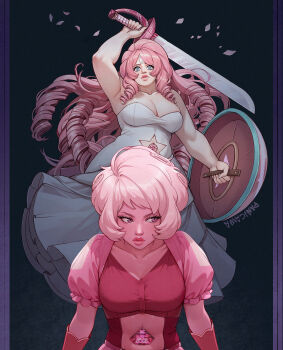 2girls adelheid_(moschiola) arm_up artist_name bare_shoulders black_background blue_eyes breasts cleavage clothing_cutout dress drill_hair forehead_jewel gloves highres holding holding_shield holding_sword holding_weapon large_breasts lipstick long_hair makeup medium_breasts multiple_girls navel_cutout pearl_(steven_universe) petals pink_diamond_(steven_universe) pink_eyes pink_hair plump puffy_short_sleeves puffy_sleeves red_gloves rose_quartz_universe shield short_hair short_sleeves star_cutout steven_universe sword thick_arms very_long_hair weapon white_dress