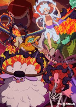 6+boys alternate_form bakotsu_(youkai) black_hat boar colored_sclera ethan-baron_v._nusjuro fire gear_fifth gorosei hagoromo hat highres horns horse itsumade_(youkai) jaygarcia_saturn majimartbcn male_focus marcus_mars monkey_d._luffy multiple_boys one_piece open_clothes open_mouth open_shirt orange_eyes purple_sash sandals sash scar scar_across_eye scar_on_chest scar_on_face sharp_teeth shawl shepherd_ju_peter shirt short_hair shorts skeleton teeth topman_warcury ushi-oni_(youkai) white_hair white_shirt white_shorts worm yellow_sclera