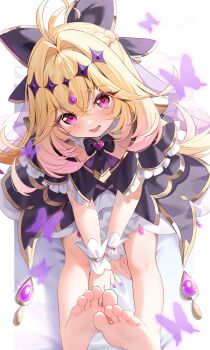 :d absurdres antenna_hair barefoot black_capelet blonde_hair brooch bug butterfly capelet commentary_request cure_arcana_shadow diamond_hairband feet frilled_capelet frilled_cuffs frills hair_intakes heart heart_brooch highres insect jewelry looking_at_viewer meitantei_precure! moria_luluka nahaki open_mouth precure purple_butterfly purple_eyes purple_veil sitting smile toes veil white_wrist_cuffs wrist_cuffs
