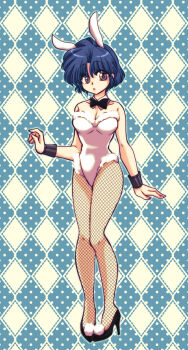 1girl animal_ears argyle_background bare_shoulders black_bow black_bowtie black_shoes blue_hair bow bowtie breasts brown_eyes cleavage commentary_request detached_collar fishnet_pantyhose fishnets full_body fur-trimmed_leotard fur_trim highres leotard open_mouth pantyhose playboy_bunny rabbit_ears rabbit_girl ranma_1/2 shoes short_hair solo strapless strapless_leotard tendou_akane wrist_cuffs yodare