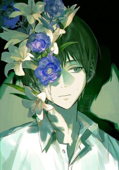 1boy artist_name black_hair blue_flower collared_shirt commentary flower flower_request grey_eyes highres hikaru_ga_shinda_natsu male_focus mint-tan mole mole_on_cheek mole_under_mouth multiple_moles shirt slit_pupils solo symbol-only_commentary tsujinaka_yoshiki twitter_username white_flower white_shirt