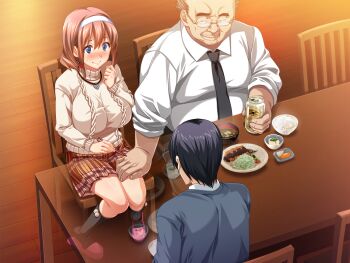 1girl 2boys aran_sweater asaoka_arata asaoka_genzo balding beer_can black_hair black_necktie black_socks blue_eyes blush breasts brown_hair cable_knit can chair closed_mouth collared_shirt drink_can dutch_angle embarrassed flustered food forced_smile glasses hair_between_eyes hairband hand_on_own_chest heart heart_necklace impossible_clothes impossible_sweater indoors jewelry kedamono-tachi_no_sumu_ie_de large_breasts long_sleeves looking_at_another medium_hair multiple_boys necklace necktie nervous paralysis plaid_clothes plaid_skirt shirt sitting skirt slippers smile socks surprised sweater table takeda_hiromitsu turtleneck turtleneck_sweater ugly_bastard white_hairband white_shirt wide-eyed wooden_floor wooden_table x-ray