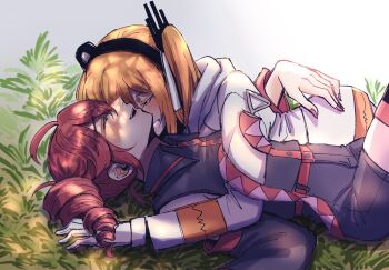 Rule 34 | 2girls, a.i. voice, adachi rei, black hairband, black shirt, blush, closed eyes, detached sleeves, gloves, grass, hairband, highres, jacket, kasane teto, lying on person, multiple girls, one side up, open mouth, orange hair, outdoors, red nails, shirt, sleeveless, sleeveless shirt, smile, utau, wanwan nemu, white gloves, white jacket, yuri