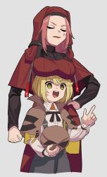 Rule 34 | 1girl, angry, benbe, blonde hair, breast rest, breasts, breasts on head, brown capelet, capelet, chest harness, deerstalker, detective, harness, hat, heaven burns red, highres, irene redmayne, large breasts, maria de angelis, nun, red hair, short hair, yellow eyes, yuri