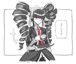 Rule 34 | 13x39, 1girl, black hair, black jacket, black skirt, black sleeves, bow, celestia ludenberg, center frills, closed mouth, coattails, collared jacket, collared shirt, commentary request, cropped legs, cross-laced clothes, cross-laced sleeves, cup, danganronpa: trigger happy havoc, danganronpa (series), dangle earrings, drill hair, earrings, eyelashes, frilled hairband, frilled sleeves, frills, gothic lolita, hair bow, hairband, hand on own elbow, holding, holding cup, jacket, jewelry, korean commentary, layered sleeves, lolita fashion, lolita hairband, long hair, long sleeves, looking at viewer, neck ribbon, necktie, open clothes, open jacket, planet earrings, protected link, red eyes, red necktie, ribbon, shirt, simple background, skirt, sleeve ribbon, smile, solo, sparkle, speech bubble, teacup, translation request, twin drills, twintails, very long hair, white background, white bow, white hairband, white ribbon, white shirt