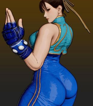 1girl 3d ass bare_shoulders blue_bodysuit blue_gloves blue_unitard bodysuit brown_hair capcom chun-li double_bun fatal_fury fatal_fury:_city_of_the_wolves female_focus fingerless_gloves game_screenshot gloves hair_bun hair_ribbon huge_ass mod ribbon short_hair skin_tight solo street_fighter street_fighter_zero_(series) thick_thighs thighs unitard video_game_screencap yellow_hair_ribbon yellow_ribbon