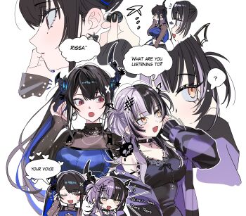 ... 2girls :o absurdres alternate_costume alternate_hairstyle asymmetrical_horns black_collar black_dress black_hair black_nails blue_dress blue_hair blush breasts collar colored_inner_hair commentary cross cross_earrings demon_horns dress ear_chain earbuds earphones earrings english_text fang fingernails grey_hair hair_ornament heart highres hololive hololive_english hoop_earrings horns jacket jewelry large_breasts laughing linked_piercing long_fingernails long_hair looking_at_another mole mole_under_eye multicolored_hair multiple_girls nail_polish necklace nerissa_ravencroft notice_lines off_shoulder one_eye_closed open_clothes open_jacket open_mouth piercing ponytail red_eyes shiori_novella smile speech_bubble spiked_collar spikes split-color_hair striped_clothes striped_jacket symbol-only_commentary two-tone_hair two_side_up uneven_horns upper_body very_long_hair virtual_youtuber wing_hair_ornament yellow_eyes yomosaka yorick_(shiori_novella)