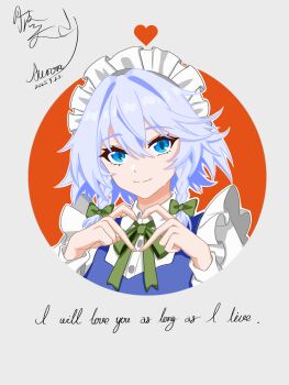 1girl alternate_hair_color aurora_(wdc1234555) blue_dress blue_eyes blue_hair bow braid braided_sidelock circle commentary cropped_torso dated dress english_text four-finger_heart_hands green_bow green_ribbon hair_between_eyes hair_bow heart heart_hands highres izayoi_sakuya light_smile looking_at_viewer maid_headdress neck_ribbon outline pinafore_dress ribbon shirt signature simple_background sleeveless sleeveless_dress solo touhou twin_braids upper_body white_outline white_shirt