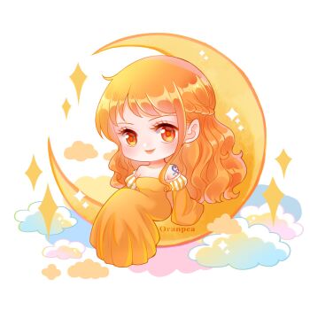 Rule 34 | 1girl, bare shoulders, blush, braid, closed mouth, cloud, commentary, crescent moon, dress, earrings, full body, half up braid, highres, jewelry, long hair, long sleeves, looking at viewer, moon, nami (one piece), off-shoulder dress, off shoulder, official alternate costume, one piece, orange dress, orange eyes, orange hair, orangewindsmile, pearl earrings, shoulder tattoo, single sidelock, sitting, smile, solo, sparkle, symbol-only commentary, tattoo, wavy hair, white background