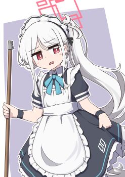 1girl absurdly_long_hair absurdres alternate_costume alternate_hairstyle antenna_hair apron aqua_ribbon black_dress black_wrist_cuffs blue_archive blush border borrowed_clothes bright_pupils collared_dress commentary_request contrast_collar dress eyes_visible_through_hair floating_hair frilled_apron frilled_dress frills halo highres holding holding_mop jitome kei_(blue_archive) long_hair looking_to_the_side maid maid_apron maid_headdress mop neck_ribbon number_print official_alternate_hair_color open_mouth outline outside_border parted_bangs partial_commentary ponytail puffy_short_sleeves puffy_sleeves purple_background rectangular_halo red_eyes red_halo ribbon short_sleeves sidelocks simple_background skirt_hold solo tokuchi919 very_long_hair white_apron white_border white_hair white_headdress white_outline white_pupils wrist_cuffs