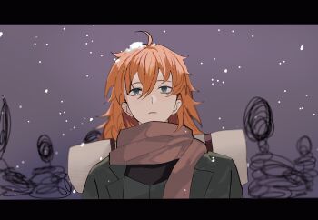 1boy ahoge backpack bag commentary fate/grand_order fate_(series) green_eyes green_jacket hair_between_eyes highres jacket kusuri_03 lapels letterboxed long_hair looking_up notched_lapels orange_hair parted_lips red_scarf romani_archaman scarf scribble_background snow_on_head snowing solo upper_body