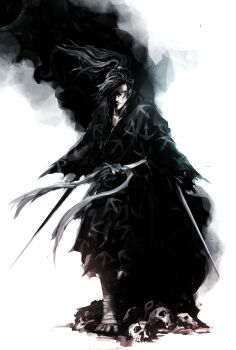 Rule 34 | 1boy, amputee, anchor print, arm blade, bandaged foot, bandaged leg, bandages, black hair, black kimono, closed mouth, commentary, dororo (tezuka), floating hair, highres, hyakkimaru (dororo), japanese clothes, katana, kimono, looking at viewer, male focus, naratani, one eye in shadow, painterly, ponytail, print kimono, prosthesis, prosthetic sword, prosthetic weapon, red eyes, sash, serious, skull, solo, standing, standing on one leg, sword, torn clothes, torn kimono, triple amputee, weapon, white background, white sash