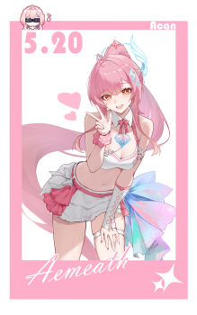 1girl acan_(gskj8822) aemeath_(wuthering_waves) ahoge bare_shoulders blush breasts character_name cleavage commentary dated hair_ornament hand_up highres leaning_forward long_hair looking_at_viewer medium_breasts navel official_alternate_costume open_mouth orange_eyes pink_hair ponytail signature skirt smile solo stomach thigh_strap w white_skirt wuthering_waves