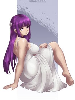 1girl arm_support artist_name bare_shoulders barefoot blunt_bangs breasts closed_mouth commentary dress expressionless eyelashes feet fern_(sousou_no_frieren) full_body hair_ornament highres huge_breasts knee_up looking_at_viewer on_ground purple_eyes purple_hair shamserg sideboob sitting soles solo sousou_no_frieren toes white_dress