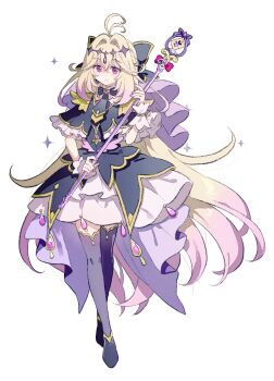 Rule 34 | 1girl, antenna hair, black dress, blonde hair, bow, bowtie, capelet, closed mouth, crossed legs, cure arcana shadow, detached collar, dress, full body, gradient hair, hair bow, hair intakes, highres, holding, holding staff, layered dress, long hair, looking at viewer, meitantei precure!, migolu, moria luluka, multicolored hair, pink eyes, precure, purple thighhighs, shoes, simple background, smile, solo, sparkle, staff, standing, thighhighs, very long hair, watson cross, white background, wrist cuffs