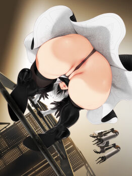 1girl 2b_(nier:automata) absurdres anus anus_peek ass black_dress black_gloves black_thighhighs blindfold boots cleft_of_venus climbing_ladder closed_mouth dress feather-trimmed_sleeves feguimel female_focus from_below g-string gloves hair_over_eyes high_heel_boots high_heels highres huge_ass lace-up_boots ladder lips long_sleeves mole mole_under_mouth nier:automata nier_(series) panties pantyshot partially_visible_anus partially_visible_vulva pod_(nier:automata) shiny_clothes short_hair silver_hair solo thick_thighs thigh_boots thighhighs thighs thong uncensored underwear upskirt vambraces wedgie wide_hips