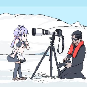 1boy 1girl animal_ear_hairband animal_ears apron arm_at_side bandaid bandaids_on_nipples black_bodysuit black_hair black_skirt black_sleeves black_thighhighs blue_sky blunt_bangs bodysuit bow bowtie breasts brown_footwear camera cat_ear_hairband cat_ears curious day fake_animal_ears finger_to_own_chin from_side full_body hair_ribbon hairband holding holding_camera index_finger_raised kneeling loafers lokulo-chan_(lokulo_no_mawashimono) lokulo_no_mawashimono loli long_hair low_twintails lowres mountainous_horizon original outdoors parody pasties photo-referenced profile puffy_short_sleeves puffy_sleeves purple_bow purple_bowtie purple_hair purple_nails red_ribbon ribbon shoes short_hair short_sleeves shrug_(clothing) skirt sky small_breasts snow standing sunglasses thighhighs topless_female tripod twintails waist_apron