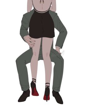 1boy 1girl bare_back cocktail_dress commentary dress dress_pants formal_clothes green_suit hetero high_heels husband_and_wife long_sleeves nako_(5a64_sf) pants shirt simple_background sitting spy_x_family standing suit symbol-only_commentary twilight_(spy_x_family) white_background