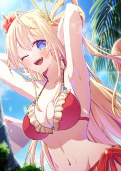 Rule 34 | 1girl, ahoge, arm up, armpits, arms behind head, battle spirits, bikini, blonde hair, blue eyes, blue sky, breasts, cleavage, commentary request, flower, from below, hair flower, hair ornament, hair rings, highres, long hair, navel, one eye closed, open mouth, outdoors, red bikini, rei91322, rei ooba, sky, smile, solo, sweat, swimsuit, teeth, upper body, upper teeth only