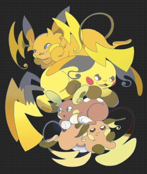 alolan_form alolan_raichu black_background blue_eyes brown_eyes closed_mouth fang fangs feyzi gen_1_pokemon gen_7_pokemon mega_pokemon mega_raichu_x mega_raichu_y multiple_tails nintendo no_humans open_mouth orange_fur pokemon pokemon_(creature) pokemon_focus raichu regional_and_normal smile stack tail very_long_ears very_long_tail yellow_fur
