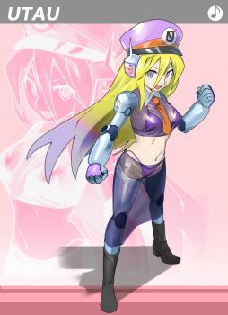 1boy bikini blonde_hair boots cyborg enaswaifu english_text genon_nikita hat headphones highres mechanical_arms mechanical_legs military_hat multicolored_hair necktie official_art purple_eyes purple_hair see-through_clothes shadow skirt swimsuit utau