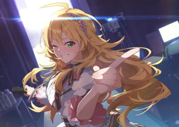 Rule 34 | 1girl, ahoge, backstage, blonde hair, fingernails, from side, green eyes, grin, highres, holding, holding microphone, hoshii miki, idolmaster, idolmaster (classic), idolmaster million live!, idolmaster million live! theater days, index finger raised, long hair, looking at viewer, looking to the side, microphone, official alternate costume, one eye closed, smile, solo, standing, yoshito, you and i! (idolmaster)