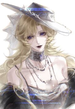 Rule 34 | 1girl, blonde hair, blur censor, censored, commentary, hat, highres, jewelry, mingzi cmmm, mole, mole above mouth, path to nowhere, purple eyes, solo, upper body, vautour bleu (path to nowhere), white background