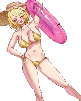 >_o 1girl :d absurdres armpits bikini blonde_hair blush breasts gold_bikini hand_on_own_hip hat heartsync highres knees mole mole_on_armpit mole_on_breast mole_on_stomach mole_under_mouth multicolored_hair navel one_eye_closed open_mouth pink_hair siena_olena siena_olena_(artist) smile solo stomach straw_hat streaked_hair swimsuit two-tone_hair virtual_youtuber white_background